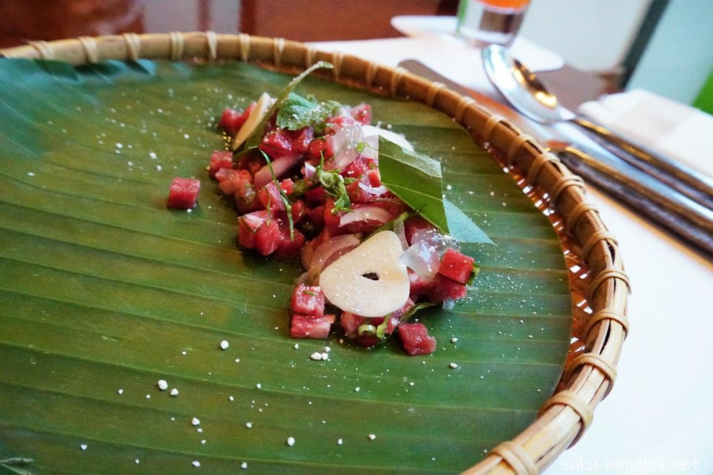 Raw wagyu beef salad, aloe vera, fresh herbs from our garden