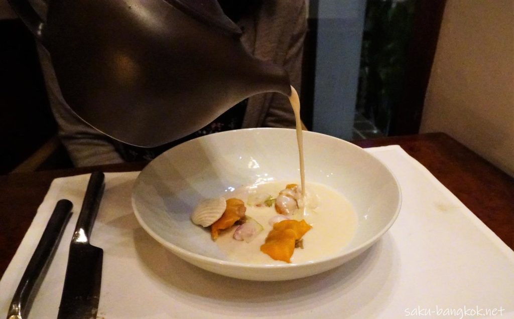 Traditional lotus stems in coconut soup, Japanese cockles and onion paste sea shell